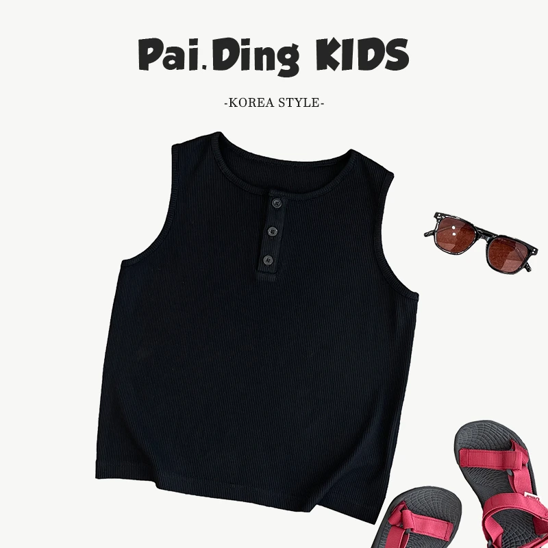 【派町】夏装儿童韩版时尚个性休闲无袖衫纽扣单色无袖背心HCXZ4453