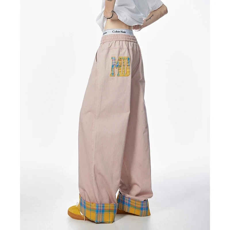 PAKA春夏潮牌纯棉休闲裤拼接格子撞色美式百搭复古刺绣直筒长裤