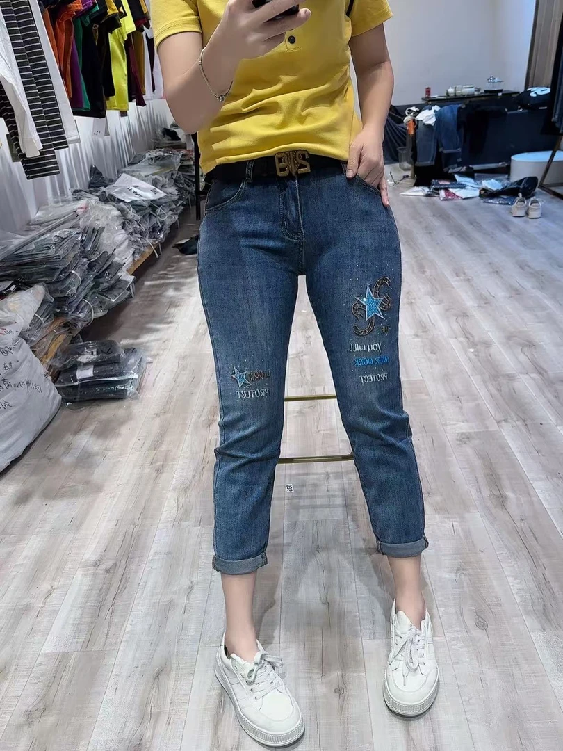 春季新款显瘦刺绣烫钻女款哈伦老爹弹力牛仔裤9610