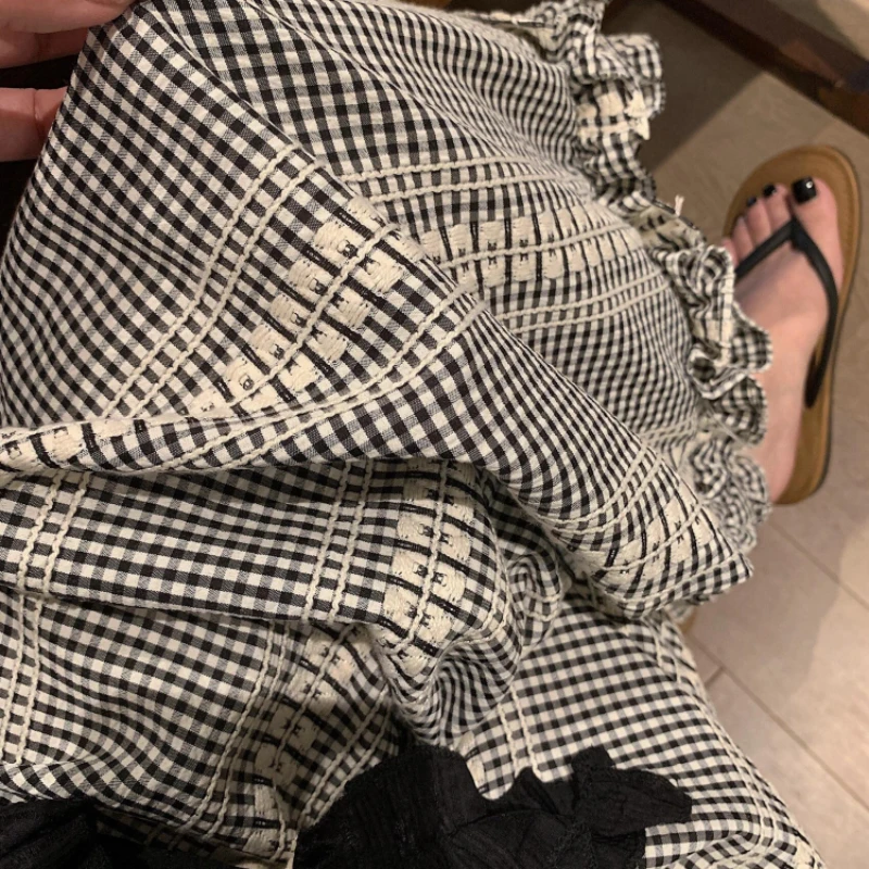 【法式复古格纹】花边睡裤女款爆款2025新款家居长裤高腰阔腿裤子夏