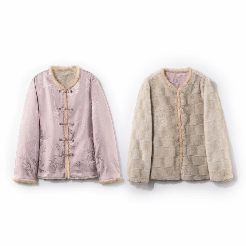 【粉竹】2025新款新中式刺绣上衣女式国风双面双穿水貂毛毛加厚外套
