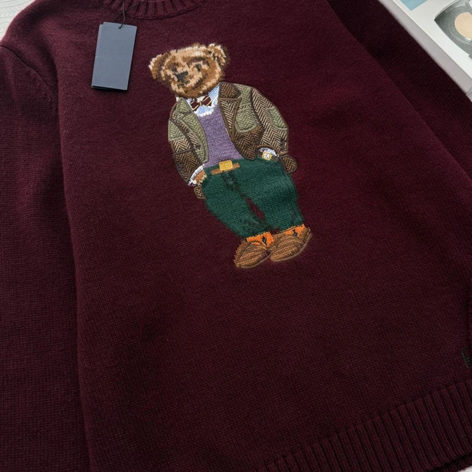 RL/可扫码25新款羊毛小熊重工刺绣卡通圆领针织衫毛衣男女同款