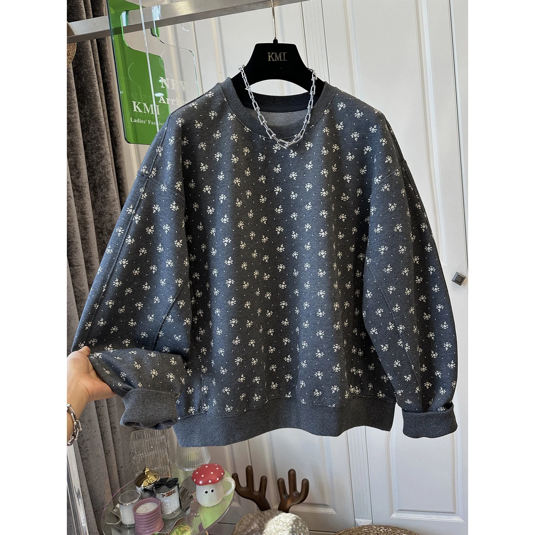 盼可欣240斤大码碎花满印圆领宽松卫衣女慵懒2025秋新款长袖上衣