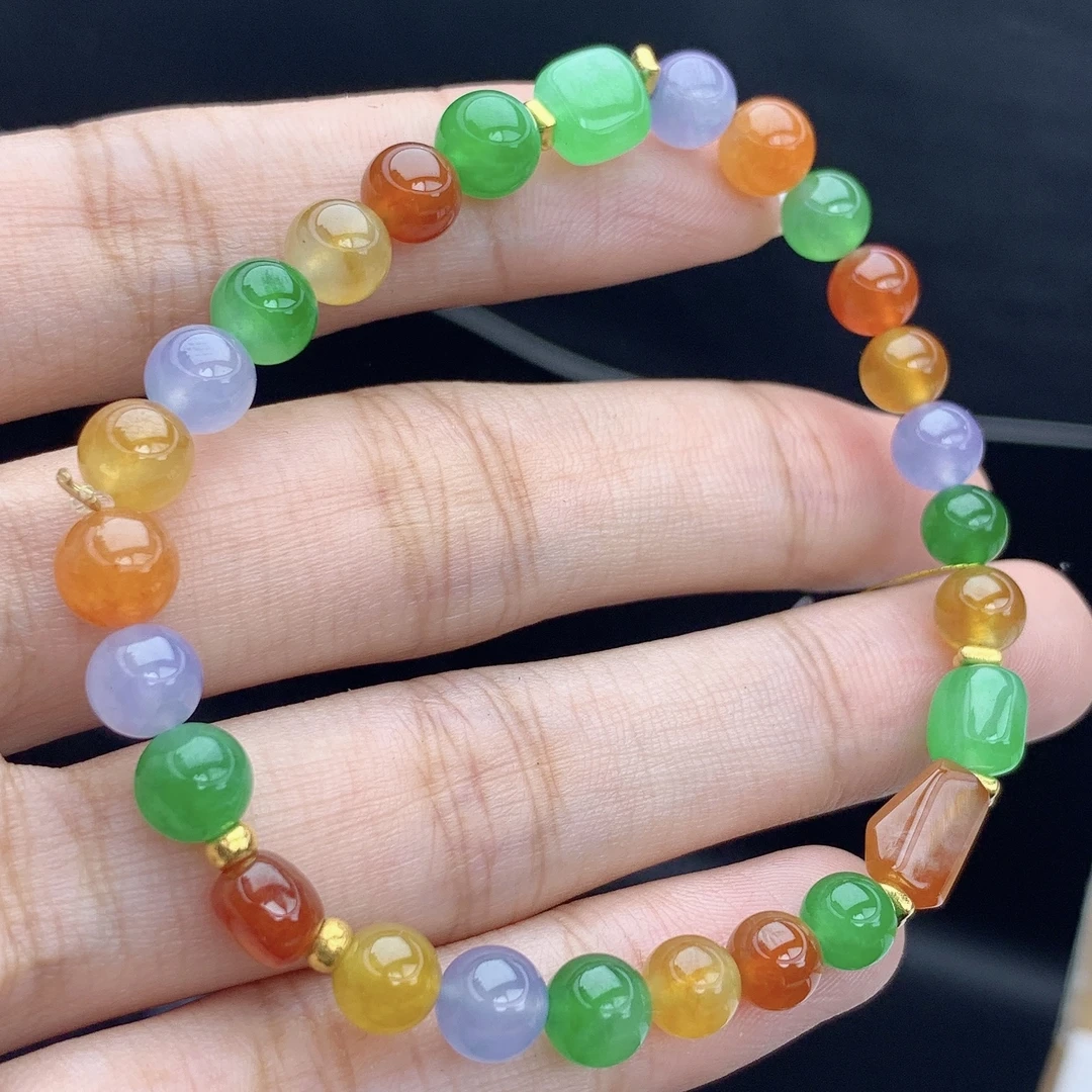 缅甸A货翡翠丰富彩虹多宝圆珠手链手串单圈5YX2T20卡6.5-7.3mm