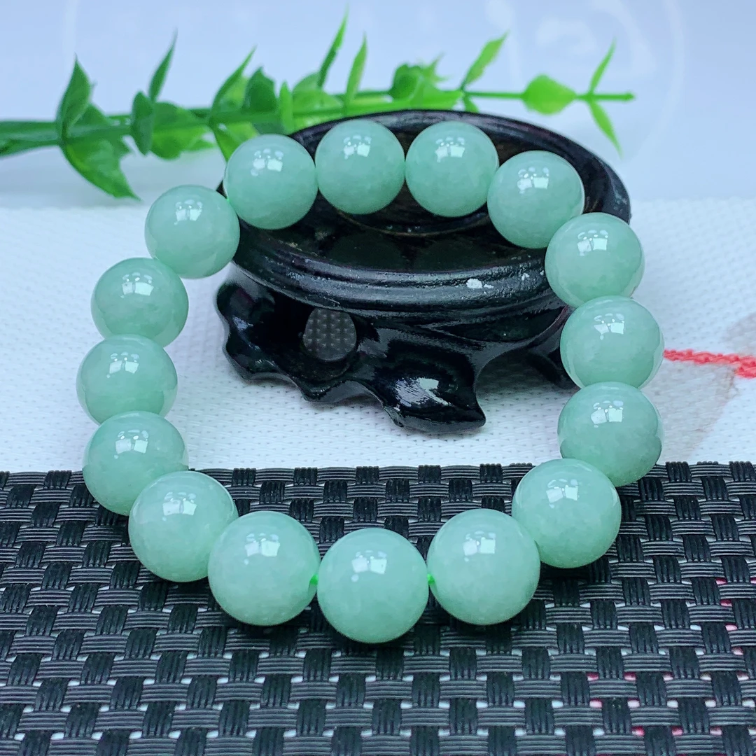 缅甸天然A货翡翠 浅绿圆珠手串 珠大13+mm 16颗