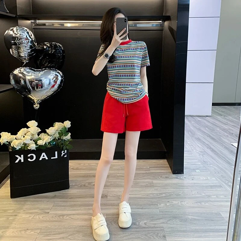 休闲风运动套装女2025夏季新款宽松圆领条纹短袖短裤减龄套装女潮
