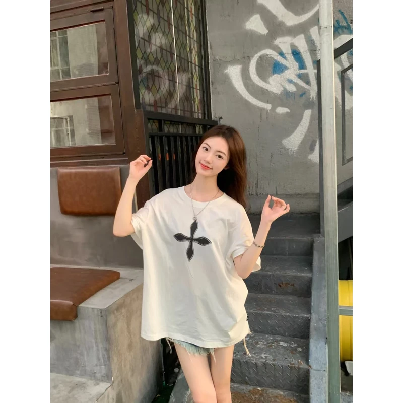 [A阔身版型T恤合计】十字花阔身T显瘦时尚百搭夏季黑色宽松纯色