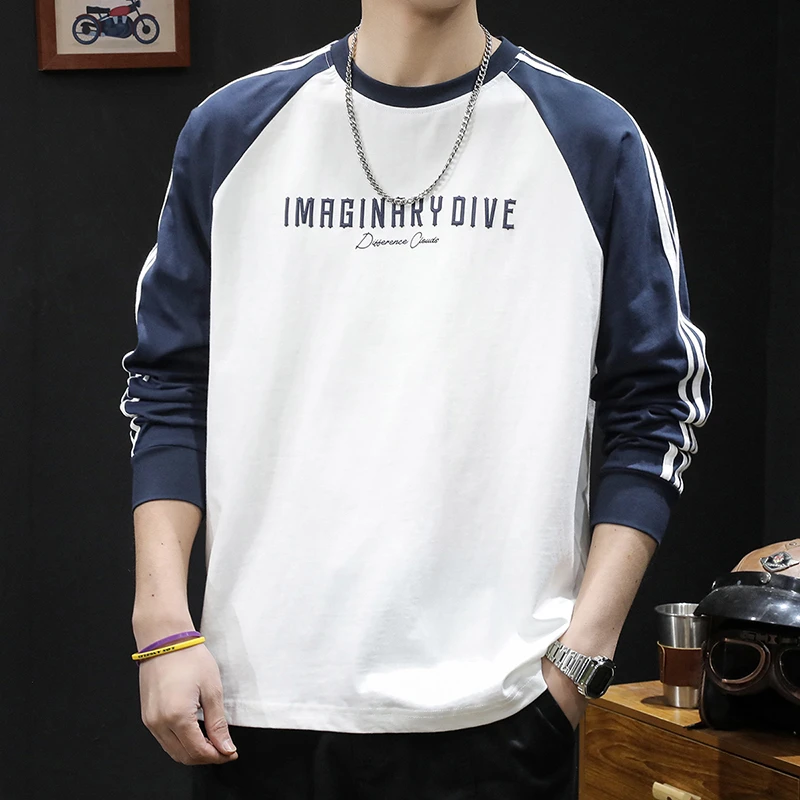 殿若条纹三条杠拼接长袖t恤男纯棉宽松大码秋冬新款男士打底上衣