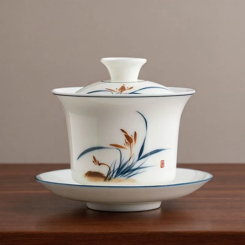 高档手绘釉下彩功夫茶具三才盖碗中式陶瓷家用茶盖碗悬停瓷盖碗