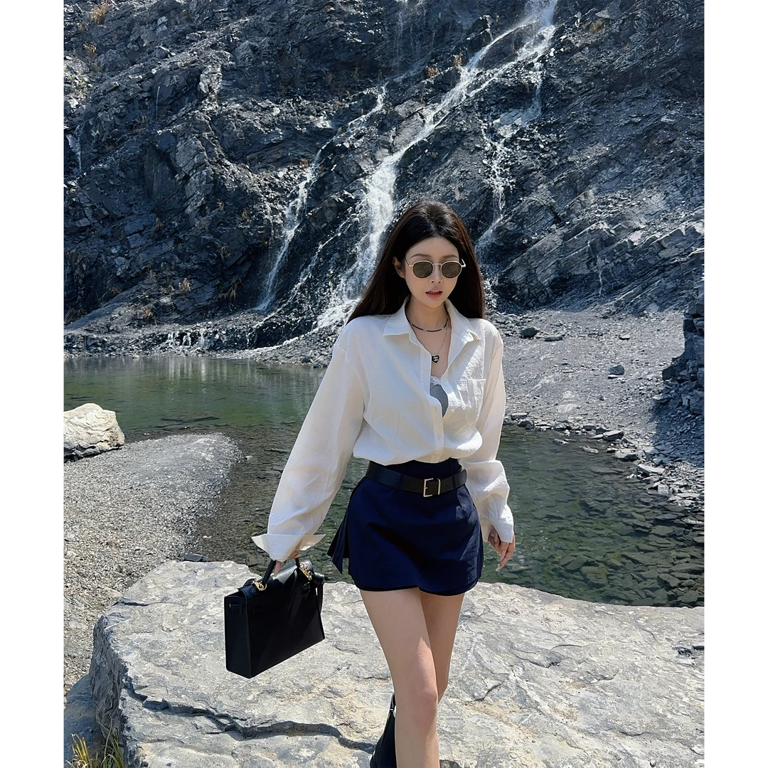 21DEGREES【高冷大小姐】气质感防晒衬衣蕾丝花边吊带百褶裙裤