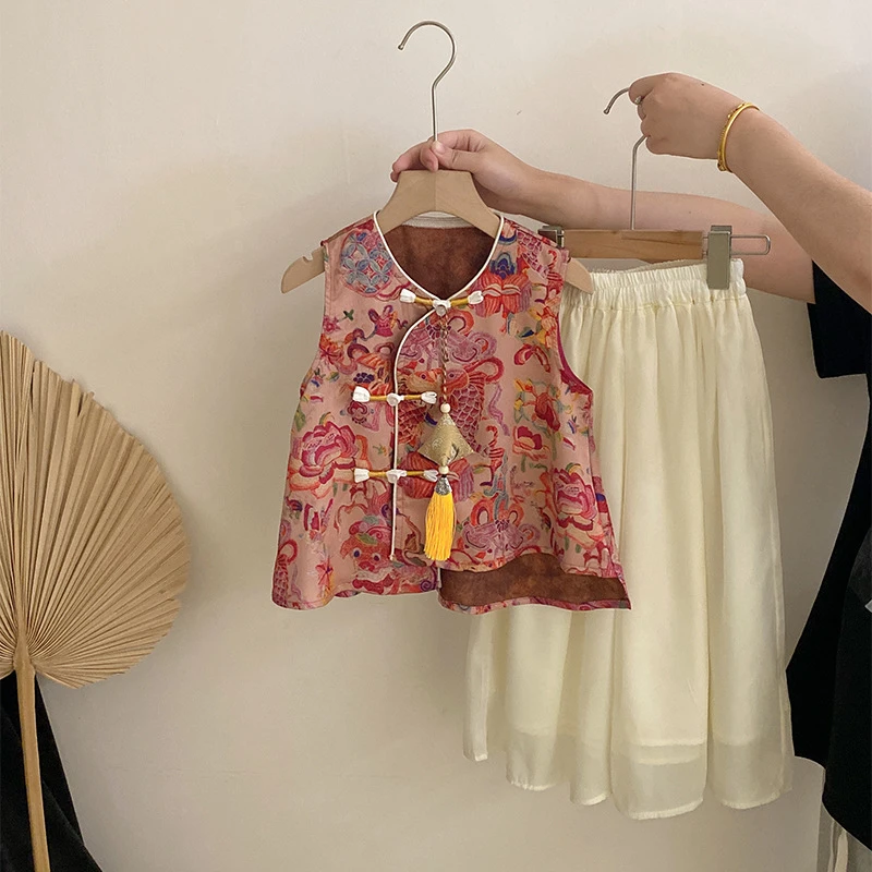 【安安家】女童夏季锦鲤国风盘扣背心上衣休闲裙裤子两件套Z-YM05
