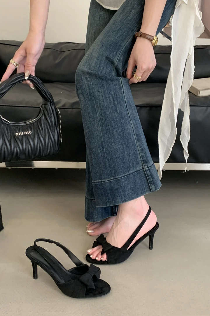 小番茄~法式露趾蝴蝶结黑色高跟鞋时尚性感仙女风配裙一字带凉鞋