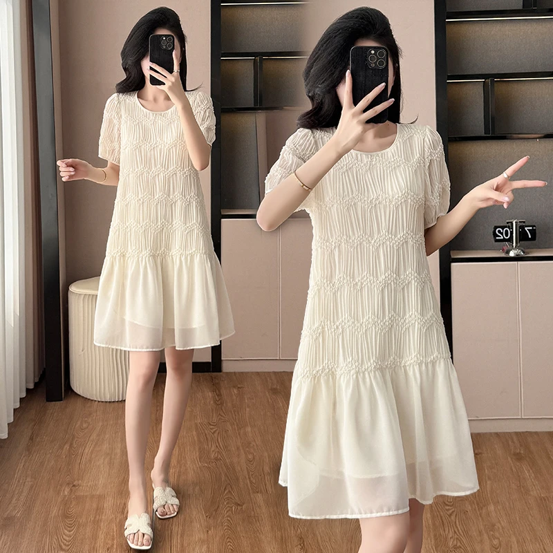 2025新款定制工艺面料法式宽松连衣裙大码蕾丝长裙中长款遮肚显瘦