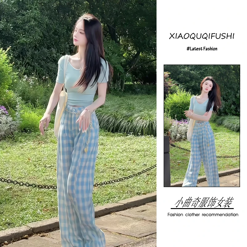 夏季一整套女装2025年新款韩系甜美风超洋气正肩T恤格子裤两件套