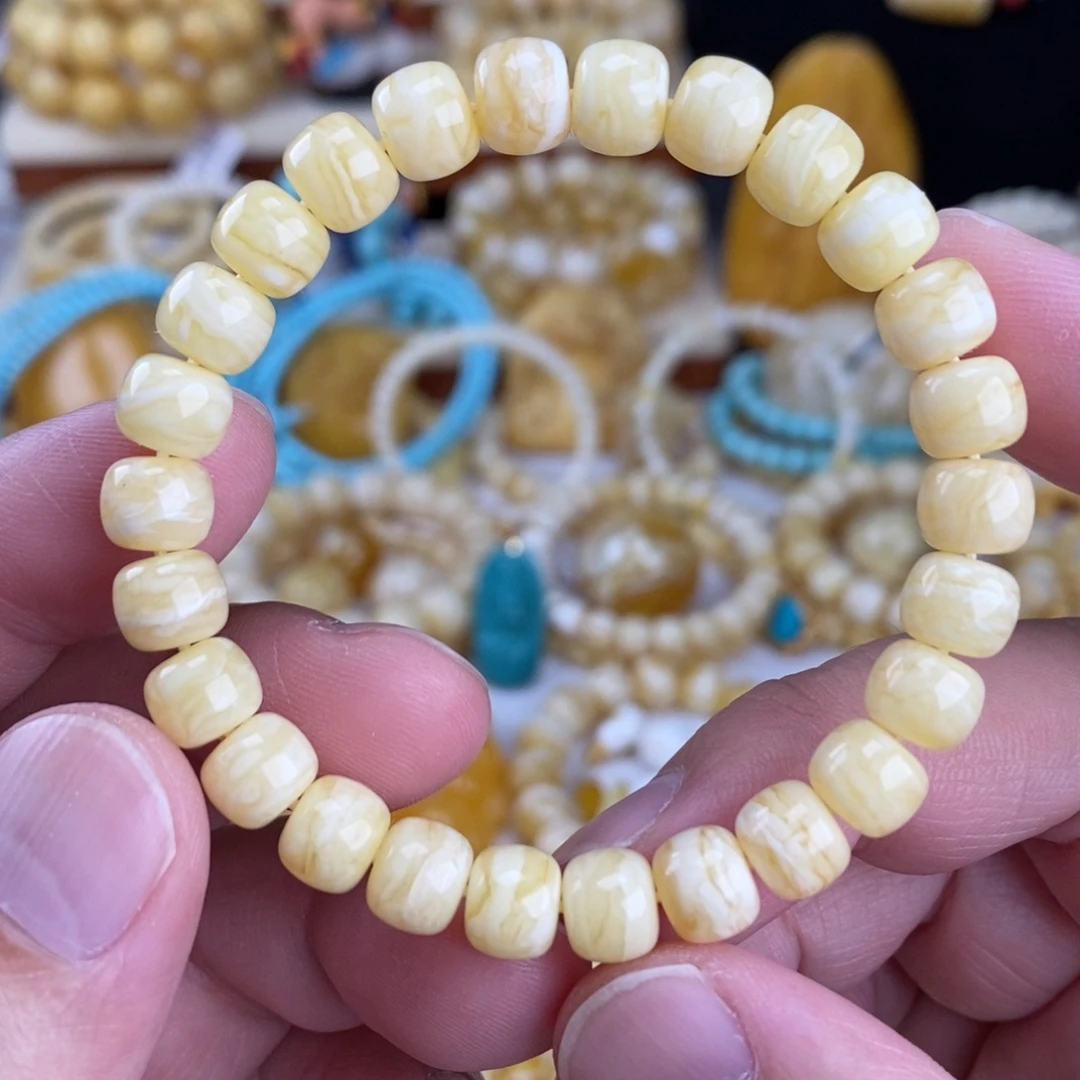 蜜蜡未镶嵌手链瓷白细纹蜡实虎皮千层雪8.3mm