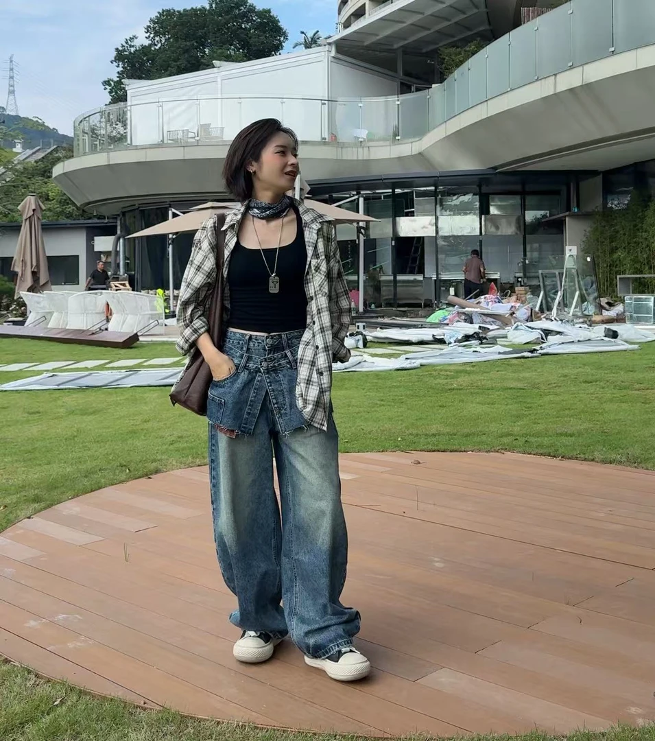 TO【A3567】美式假两件格子拼接牛仔裤秋季高街潮牌设计显瘦弯刀裤