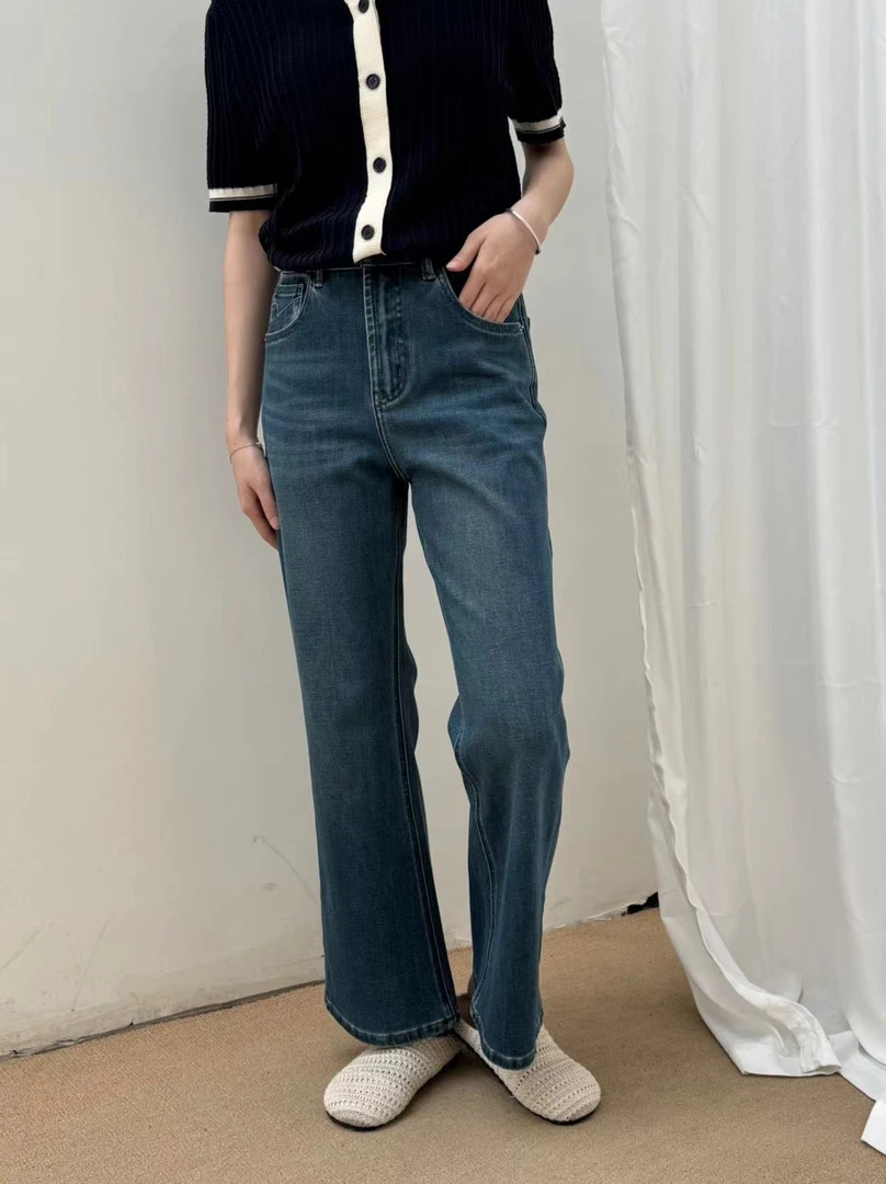 修身直筒裤蓝色女微喇牛仔长裤裤子女