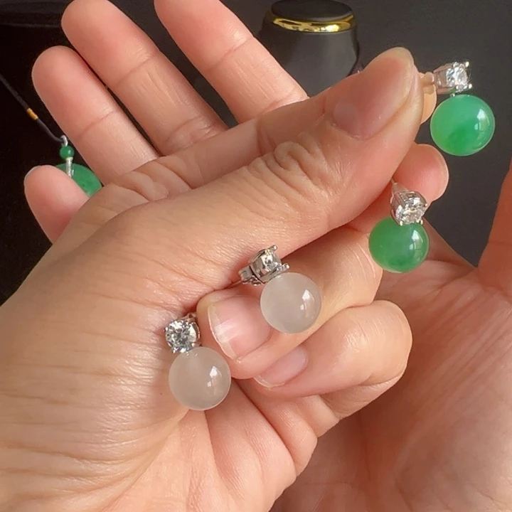 石英质玉银S925镀金镶嵌耳钉