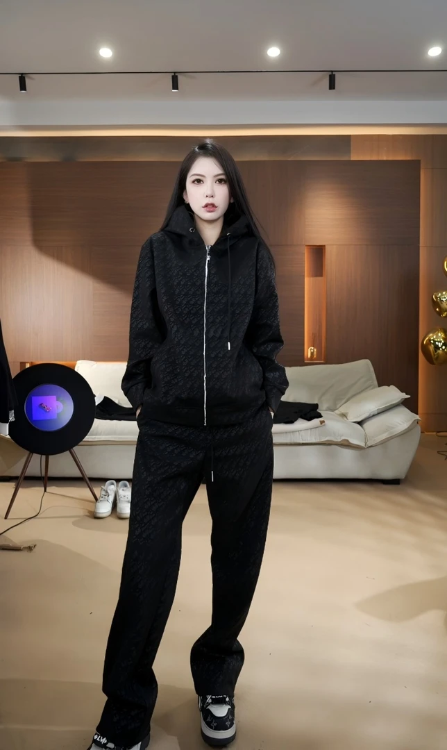 【大美夕】满印黑色毛绒套装连帽运动休闲裤子外套0002