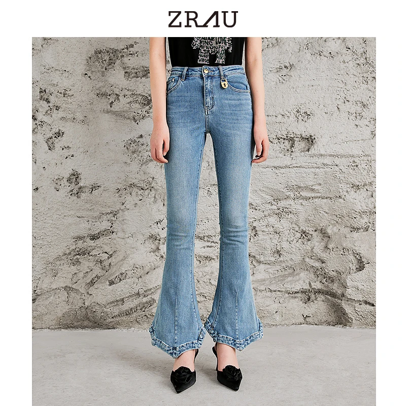 【专属】ZRAU通勤百搭高腰经典花边微喇牛仔裤91160423025