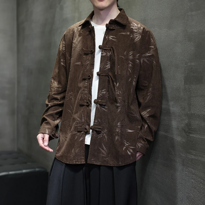灯芯绒衬衫男长袖春秋款新中式男装古风宽松大码中国风唐装外套潮
