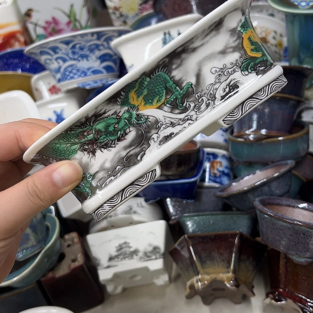 紫砂花盆663号瑕疵18/14/5.5cm仿手绘青龙