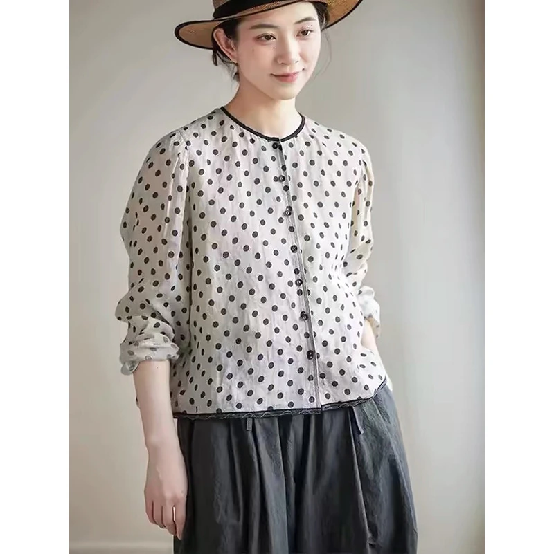 DaoZi/丹丹 42支双雨露亚麻 圆领波点时尚百搭文艺上衣 035