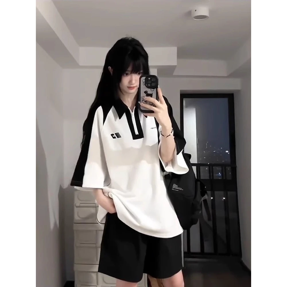 新款宽松文艺几何撞色短袖拉链t恤女夏季设计感小众polo衫上衣