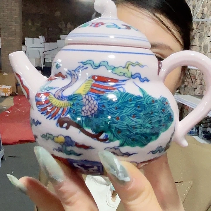 陶摆件景德镇高温陶瓷孔雀壶看画片红希希