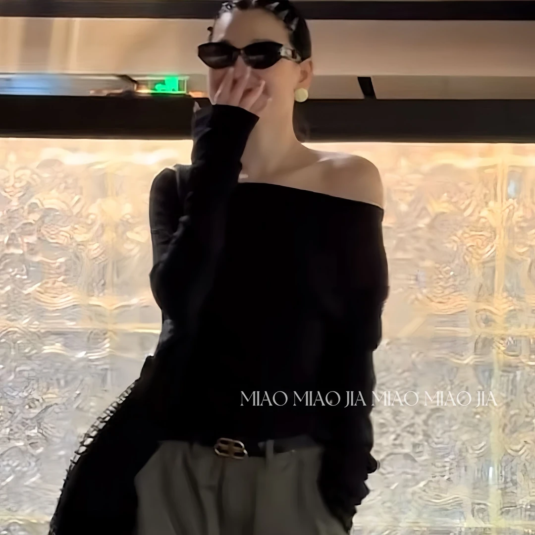 /苗苗家/『重塑』欧货荡领长袖T恤女斜肩防晒上衣