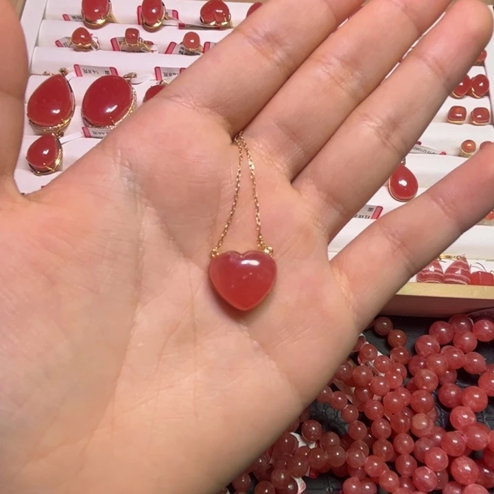 菱锰矿（红纹石）18K金镶嵌颈饰爱心锁骨链