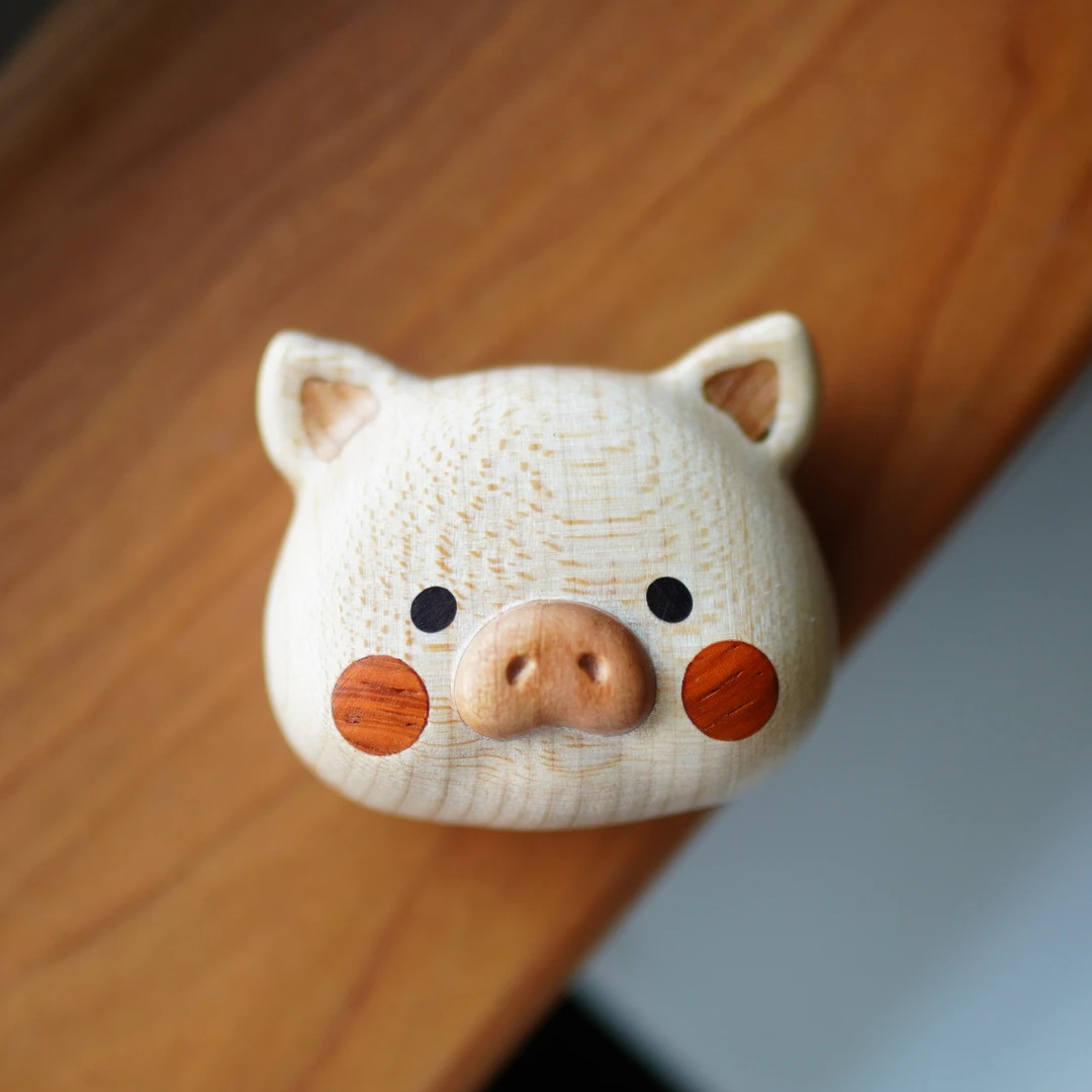 由物喜/猪猪可爱手工冰箱贴桌面可爱摆件实木动物立体创意