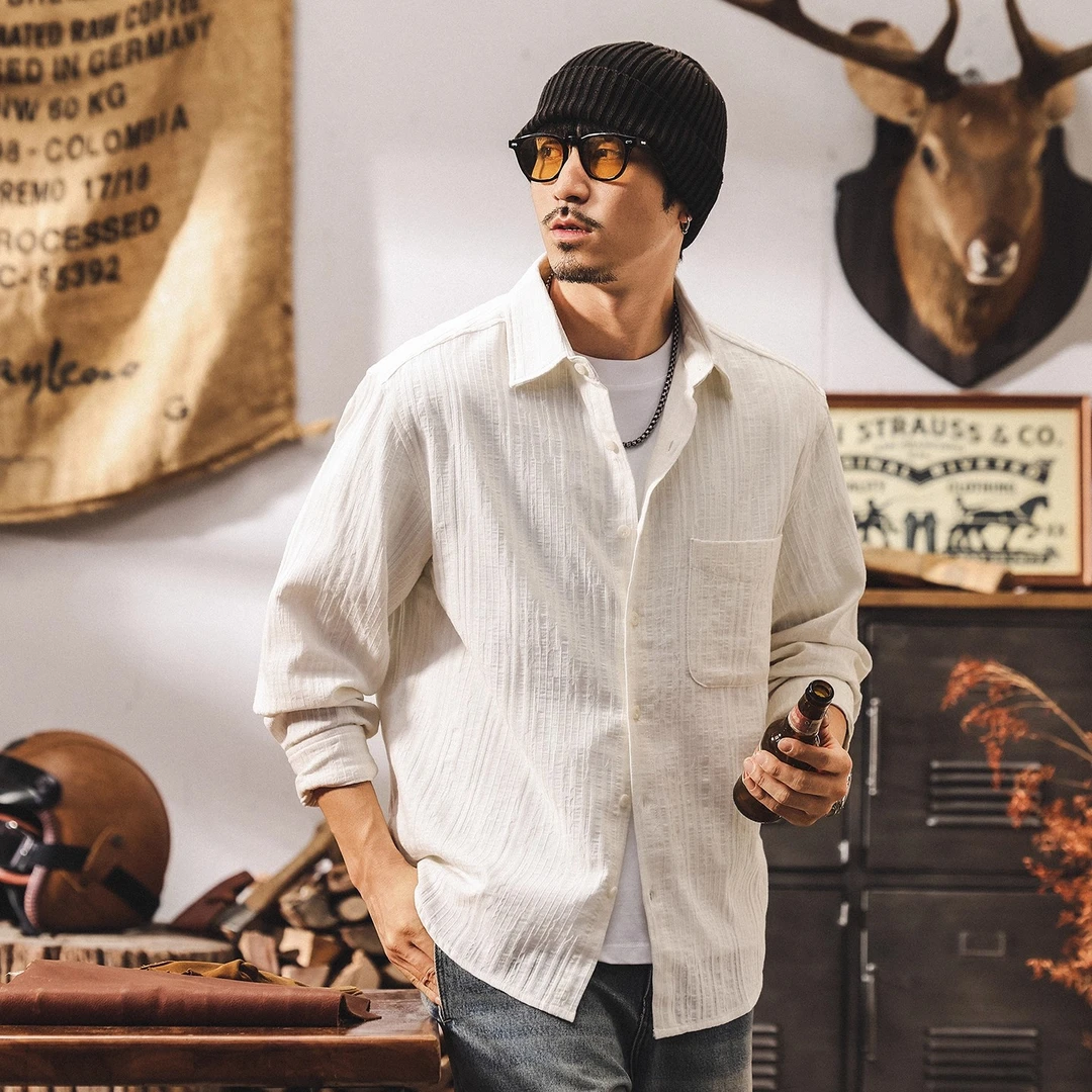 高级感提花白色衬衫男长袖秋季时尚新款美式复古宽松衬衣大码外套