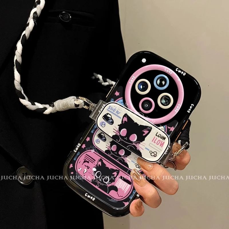 潮酷黑粉猫适用OPPOx8ultra手机壳防摔带挂绳x8s+卡通简约新款ins
