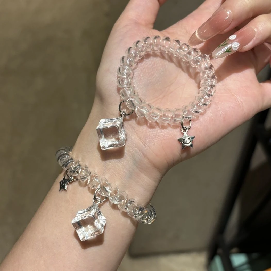 甜美冰块笑脸星星透明电话线发圈盛夏百搭高弹力无痕发圈马尾发饰