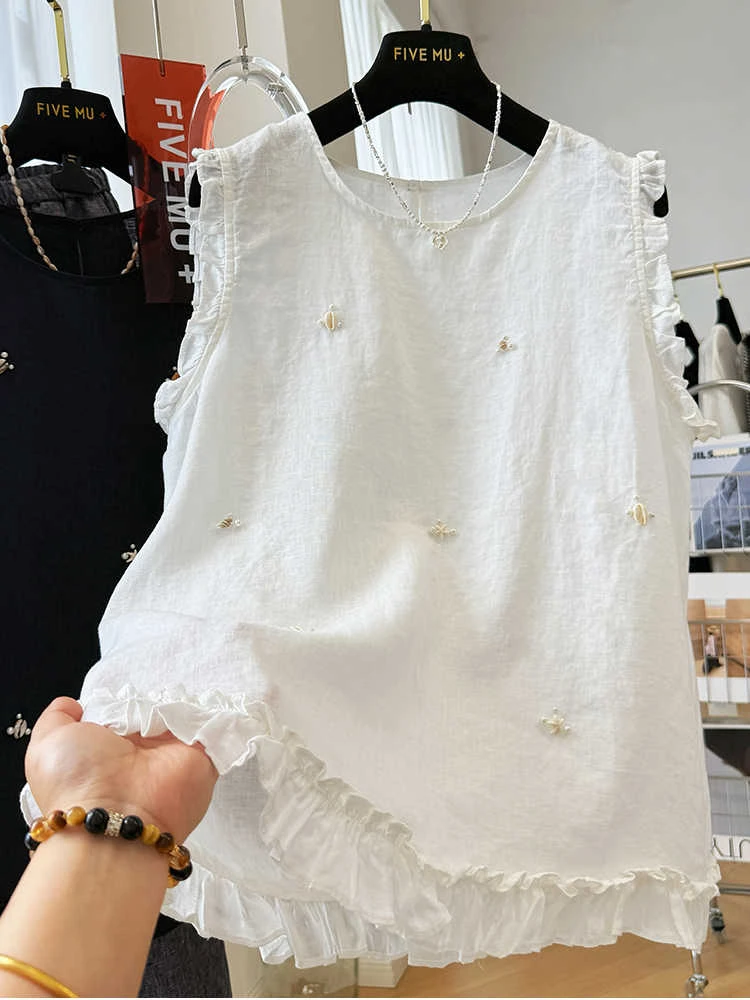 300斤特大码女装亚麻重工钉珠无袖小衫夏季木耳边外穿马甲背心薄