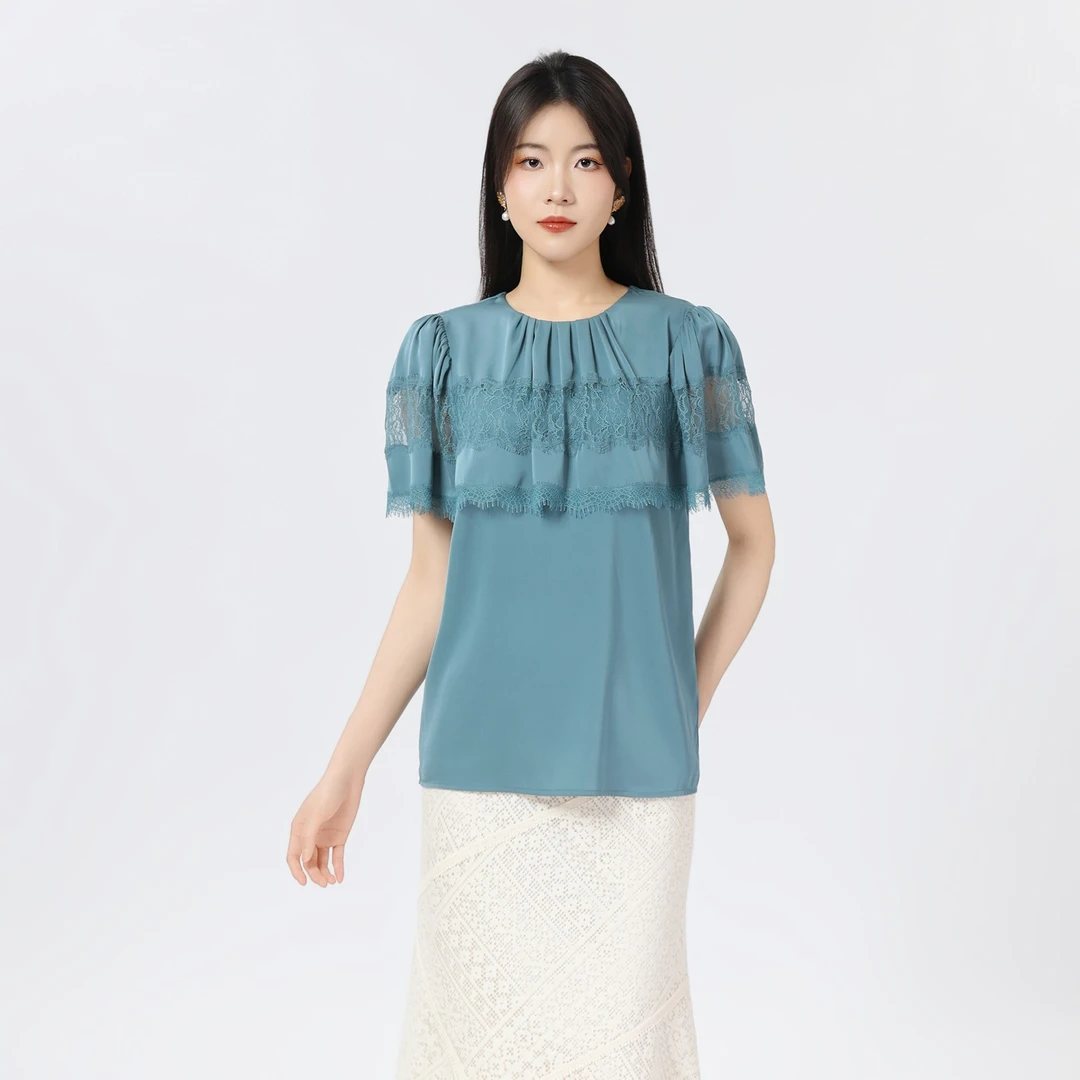 AMASS/阿玛施新款气质设计款短袖上衣时尚百搭蕾丝拼接T恤530018