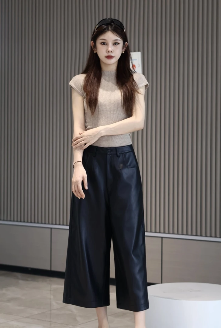 【晓反季】直筒七分裤>海宁正品2025皮裤女宽松七过膝分裤显瘦