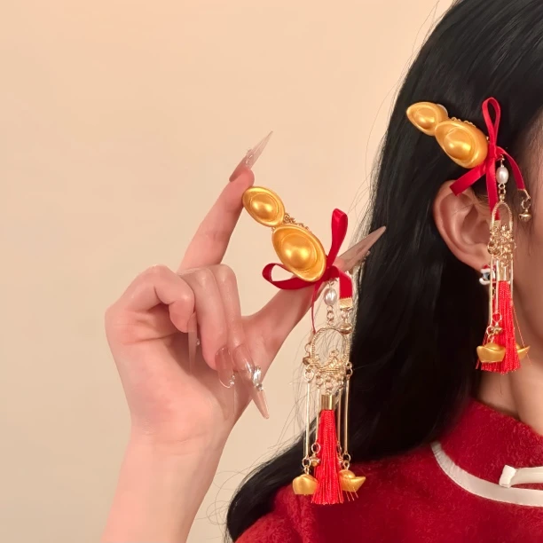 新年小财神金元宝流苏发夹女国风新中式装扮过年头饰发卡