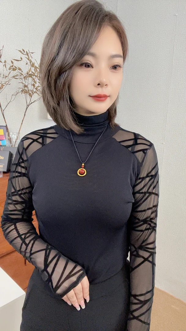 秋装20258新款洋气打底衫女薄纱长袖网纱拼接t恤立领女上衣可外穿