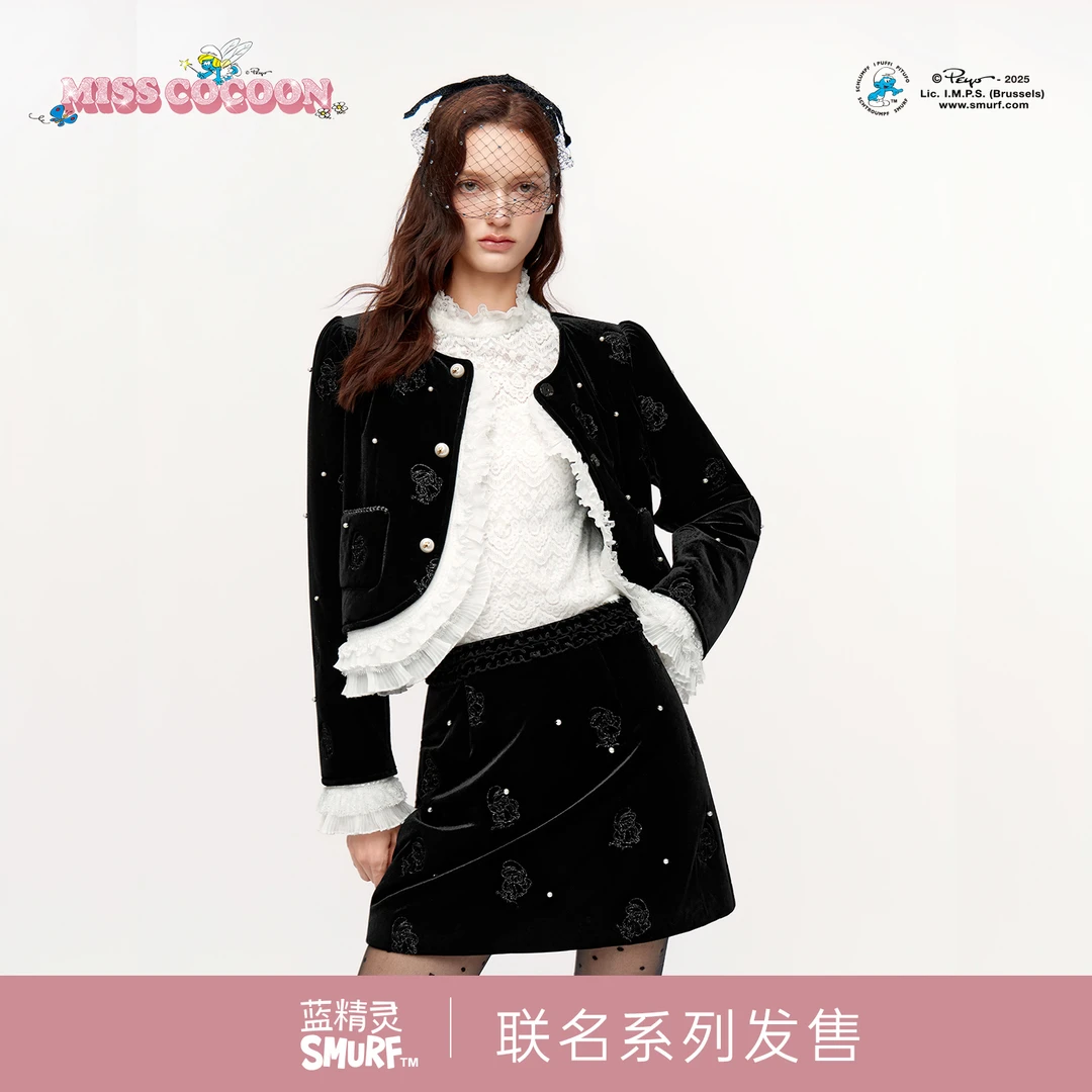 MISSCOCOON可可尼蓝精灵联名套装女2025冬季新款千金风丝绒外套