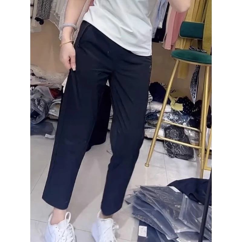 2025秋季薄款黑色休闲速干裤女大码梨形身材小个子烟管弹力九分裤