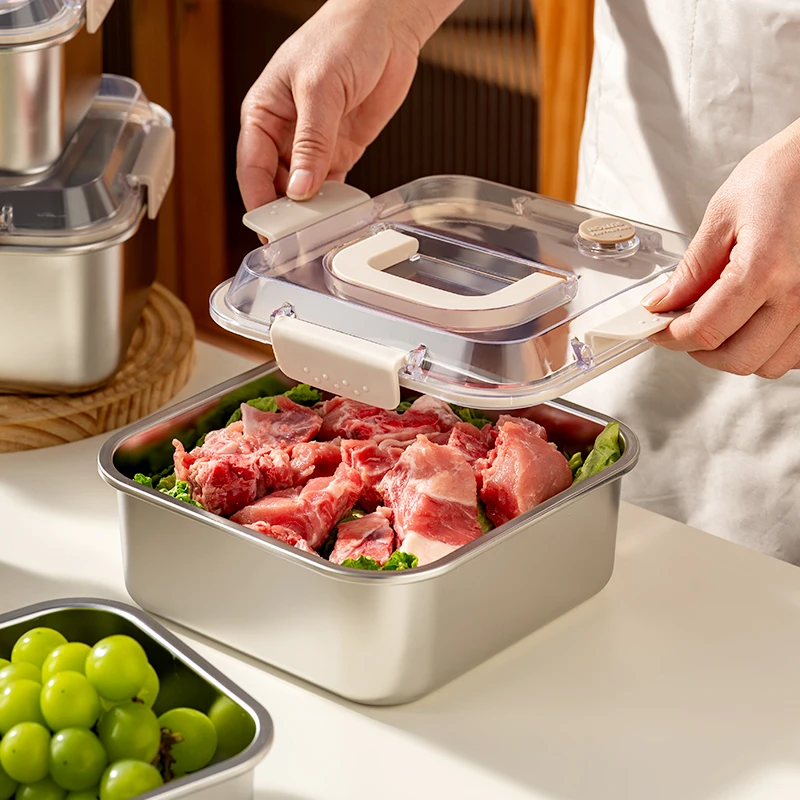 onlycook食品级304不锈钢保鲜盒手提方形带盖密封盒冰箱果蔬收纳