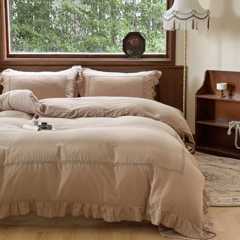 【超级红】丽莎-咖 全棉双层纱花边四件套