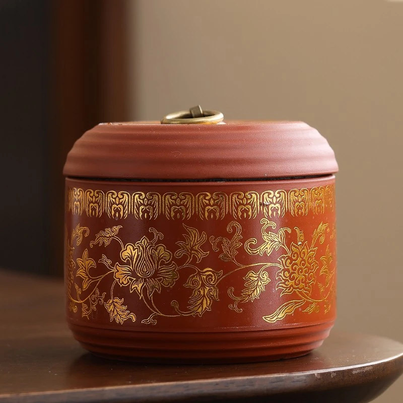 当代 G2044-缠枝莲紫砂茶叶罐金色GS