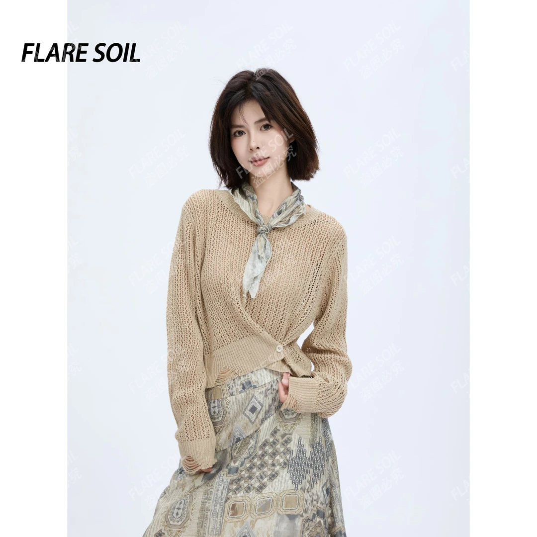 【FLARE SOIL】（现货）镂空闪闪丝巾圆领开衫毛针织衫毛衣 T4505A