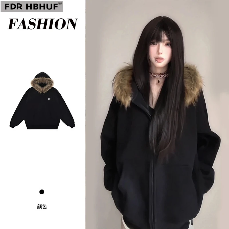 FDRHBHUF秋冬季加厚毛领开衫连帽卫衣春秋潮流宽松男女款休闲外套