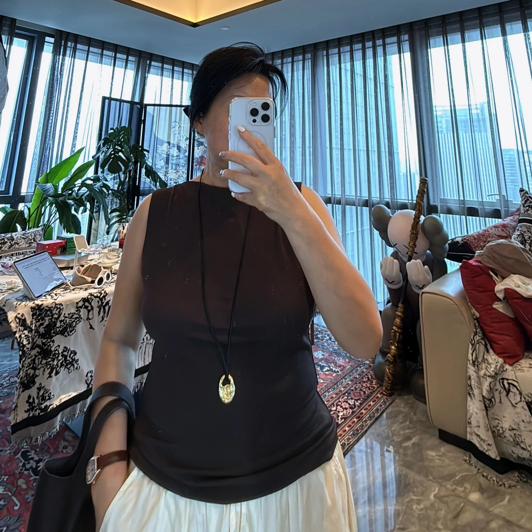 Fen姐【暮山渡月】重磅桑蚕丝宽松显瘦一字领无袖百搭背心上衣5156