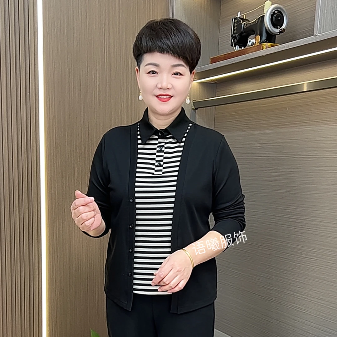 秋季常规款中老年女装拼接假两件女士长袖上衣F9077