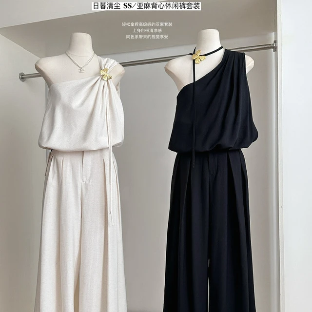 高级穿搭一整套清冷感白色亚麻背心上衣女装高腰休闲长裤两件套装